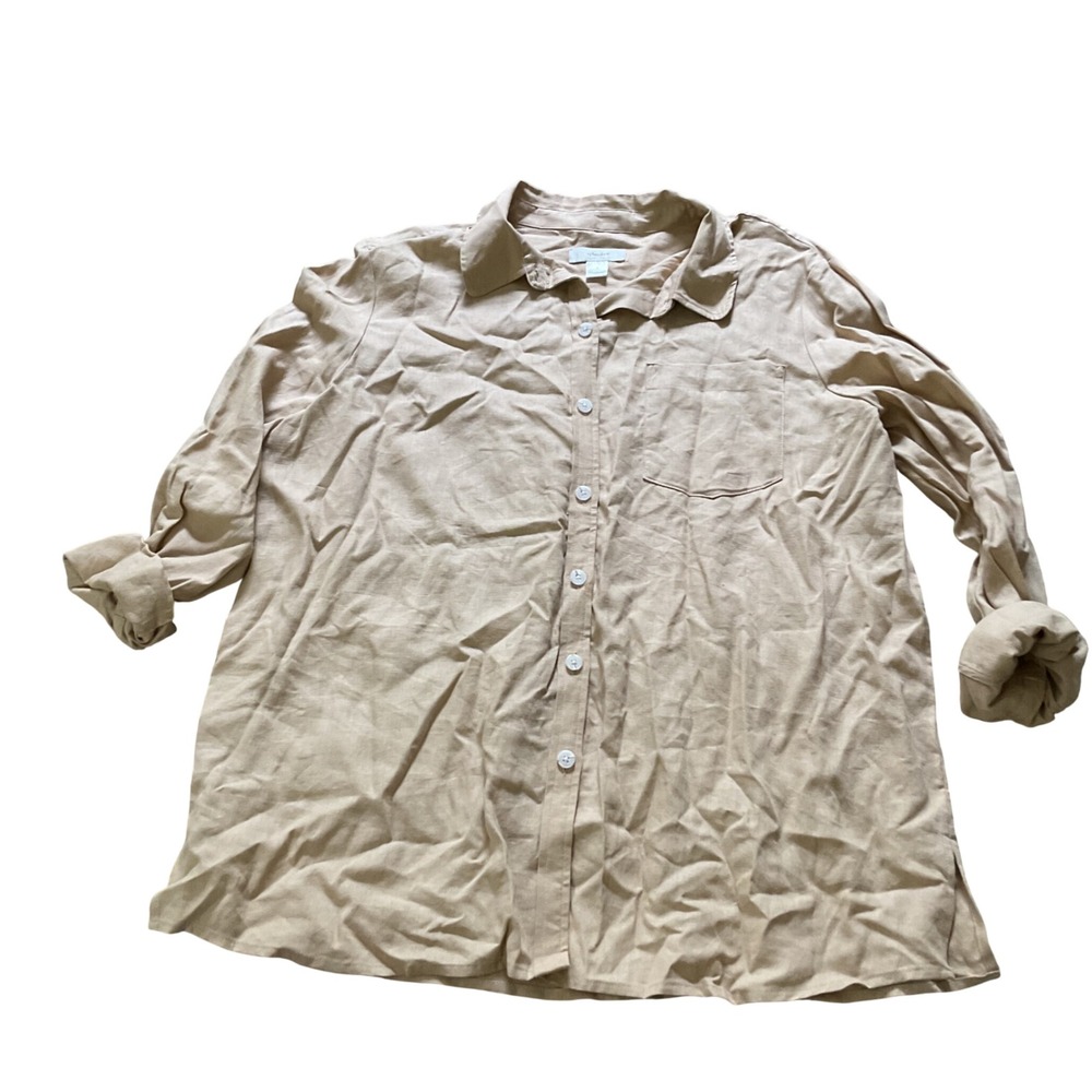 CJ Banks Womens Tan Linen Blend Button Down Shirt Long Sleeve Size X Beige